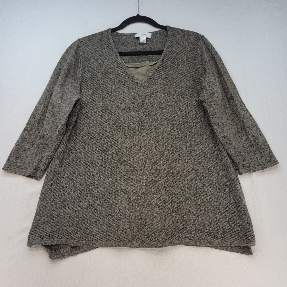 Cj Banks Sweater Women 1X Olive Green Marled V-Neck 3/4 Sleeve Textured Knit